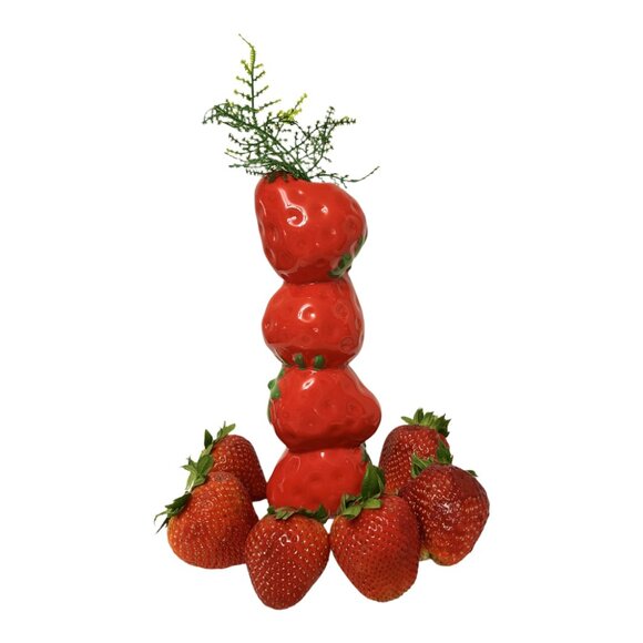 Red Strawberry-Shaped Ceramic Vase - Kids Decor, Kitchen, Shabby Chic, Fun Decor - Picture 3 of 6